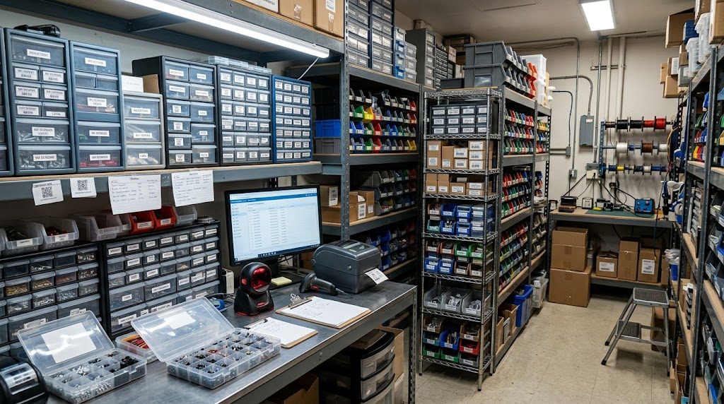 A parts store room with labelled bins, a barcode printer and the inventory system open on a desk monitor