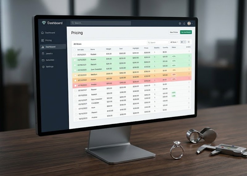 A desktop monitor showing the variance tool's pricing table, with rows colour-coded green, amber and red, next to a diamond ring and jeweller's tools.